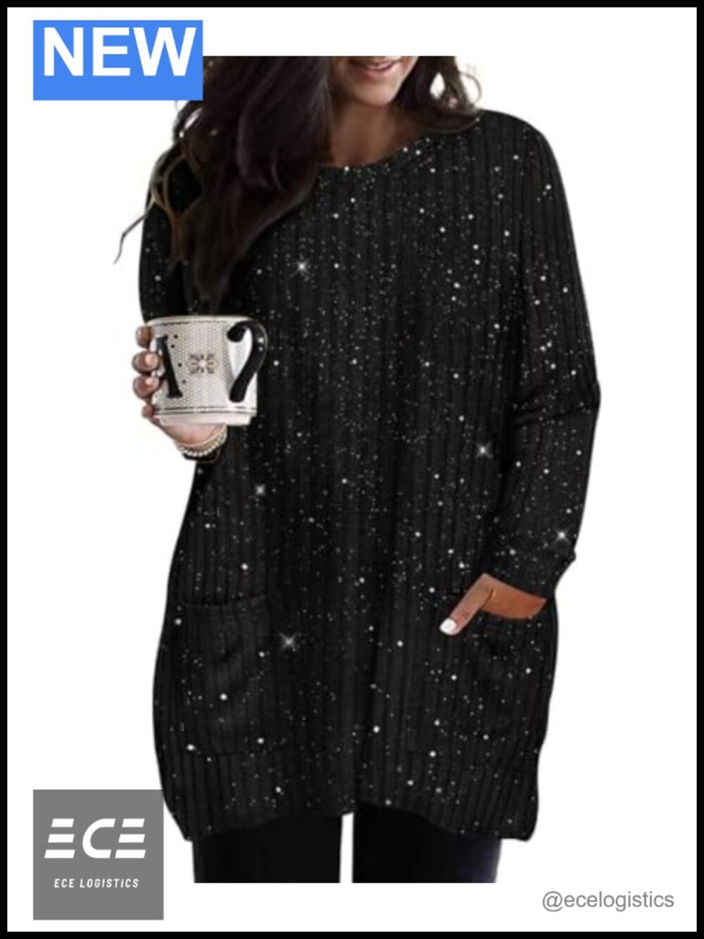 Womens Plus Size Long Sleeve Crewneck Tunic Top with Pockets Oversized Sweater